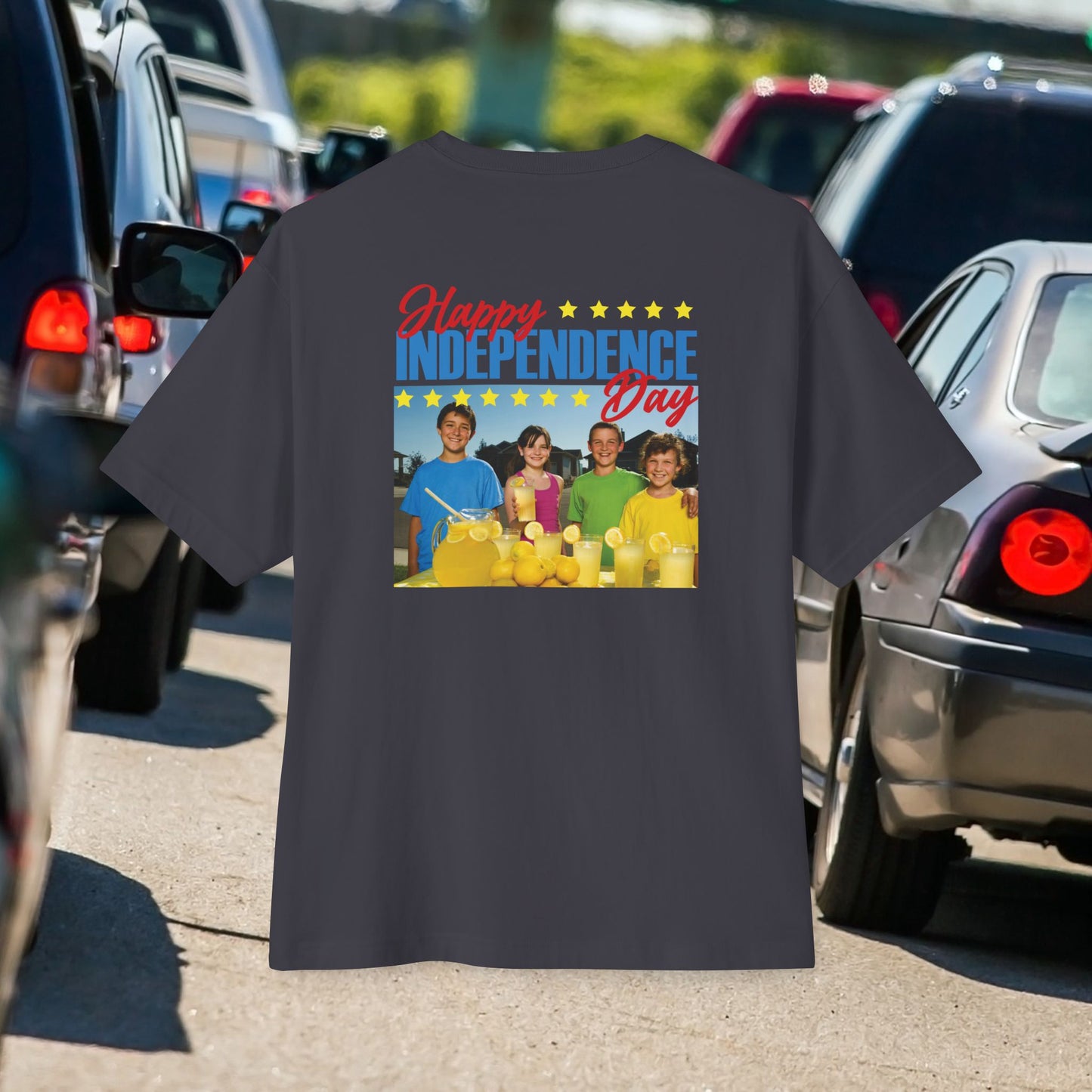 The Kids & Their Lemonade (Happy Independence Day), Unisex Oversized Dark Grey T-shirt for 4th of July at back view – Unique Fashion Tops – Cool, Comfortable, Standout with Vintage Design. Front and Back Print – Oh Mine Words
