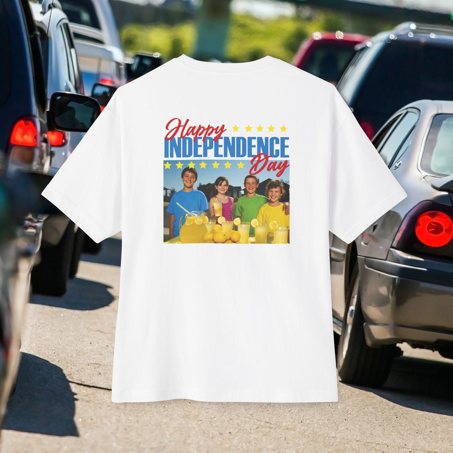 The Kids & Their Lemonade (Happy Independence Day), Unisex Oversized White T-shirt for 4th of July at back view – Unique Fashion Tops – Cool, Comfortable, Standout with Vintage Design. Front and Back Print – Oh Mine Words