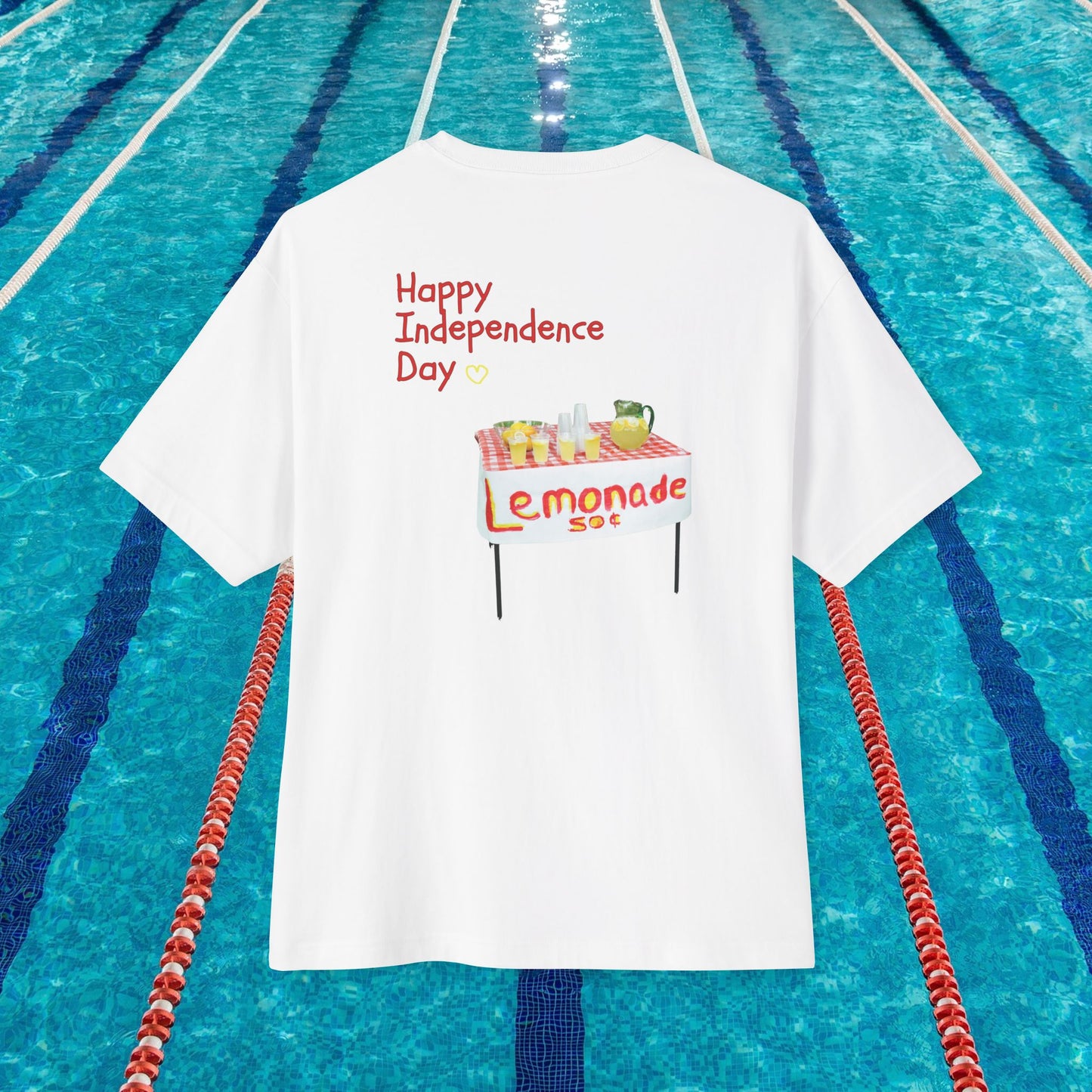 The Lemonade Table, Unisex Oversized White T-shirt for 4th of July at back view – Unique Fashion Tops – Cool, Comfortable, Standout, Design for all age with Front and Back Print – Oh Mine Words