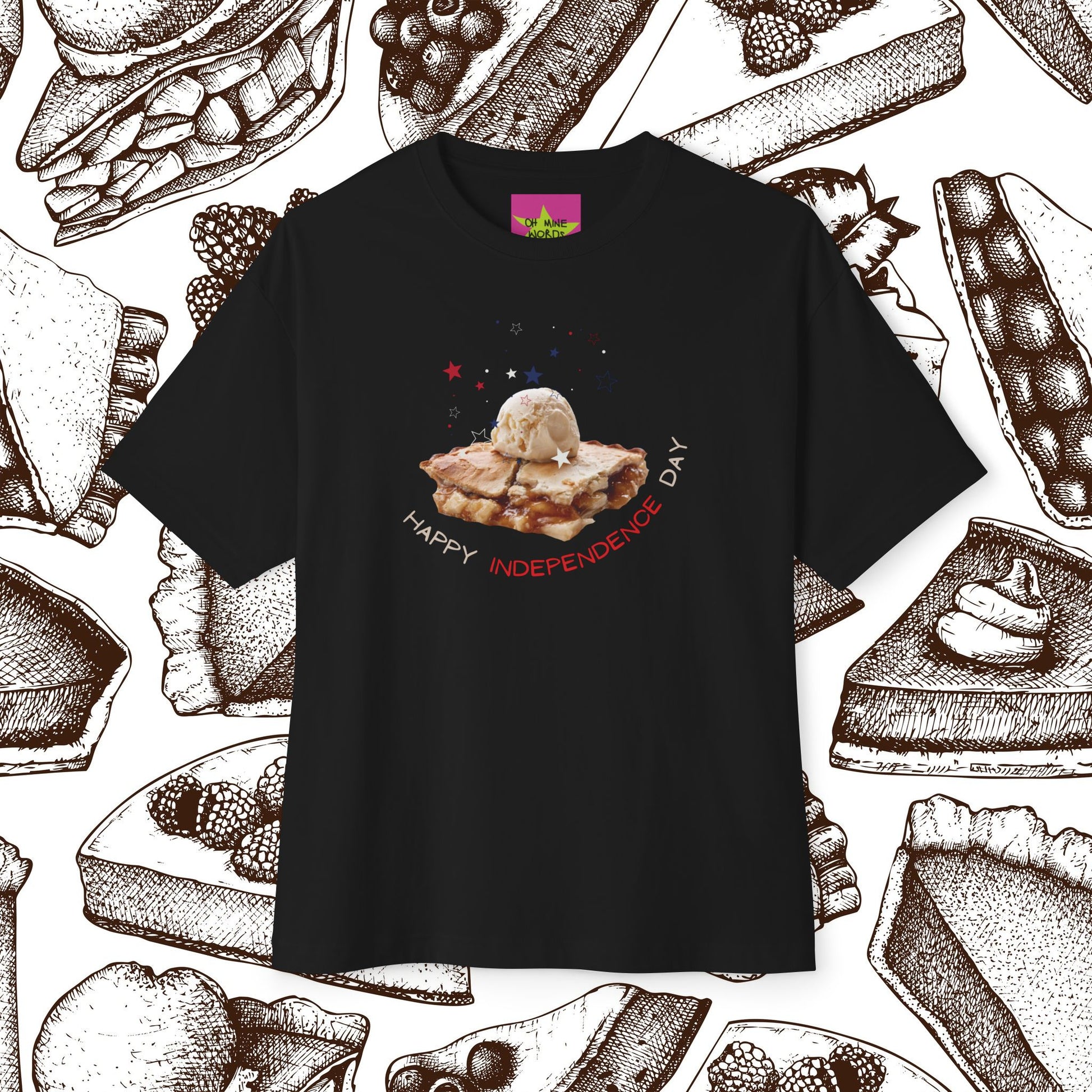 Unisex Oversized "A Piece of Apple Pie" Black T-shirt at front view - Unique Fashion Tops, Design for 4th of July, Front and Back Print - Oh Mine Words.