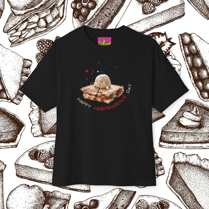 Unisex Oversized "A Piece of Apple Pie" Black T-shirt at front view - Unique Fashion Tops, Design for 4th of July, Front and Back Print - Oh Mine Words.