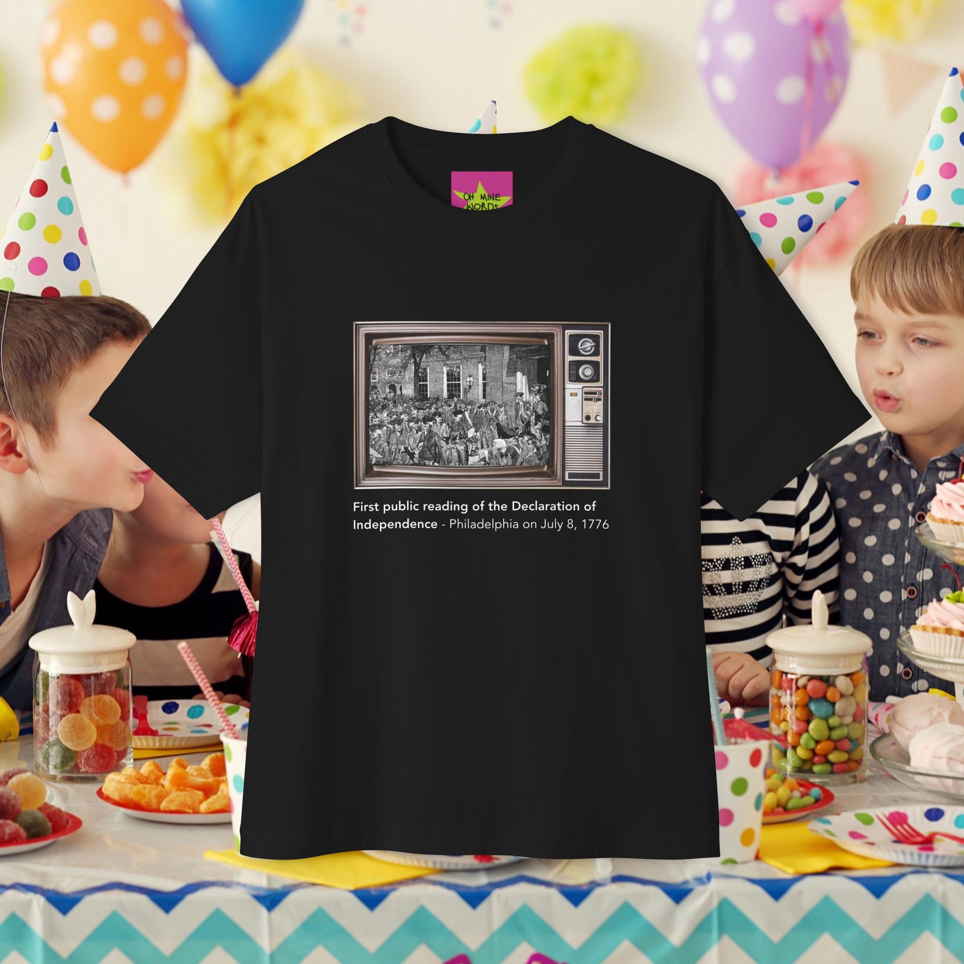 Unisex Oversized "First Public Reading of the Declaration of Independence" Black T-shirt at front view - Unique Fashion Tops - Front and Back Print - Oh Mine Words.
