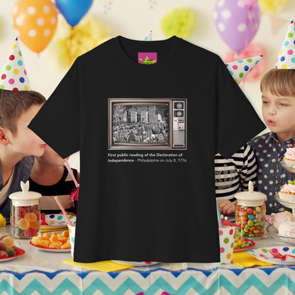 Unisex Oversized "First Public Reading of the Declaration of Independence" Black T-shirt at front view - Unique Fashion Tops - Front and Back Print - Oh Mine Words.