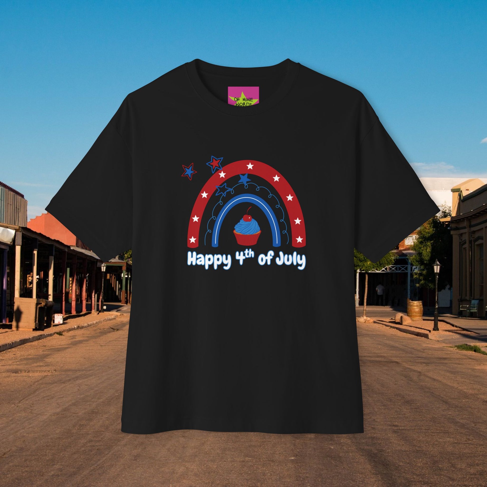 Unisex Oversized "Mini Cupcake of July" Black T-shirt at Front View - Unique Fashion Tops, Design for 4th of July, Front and Back Print - Oh Mine Words.
