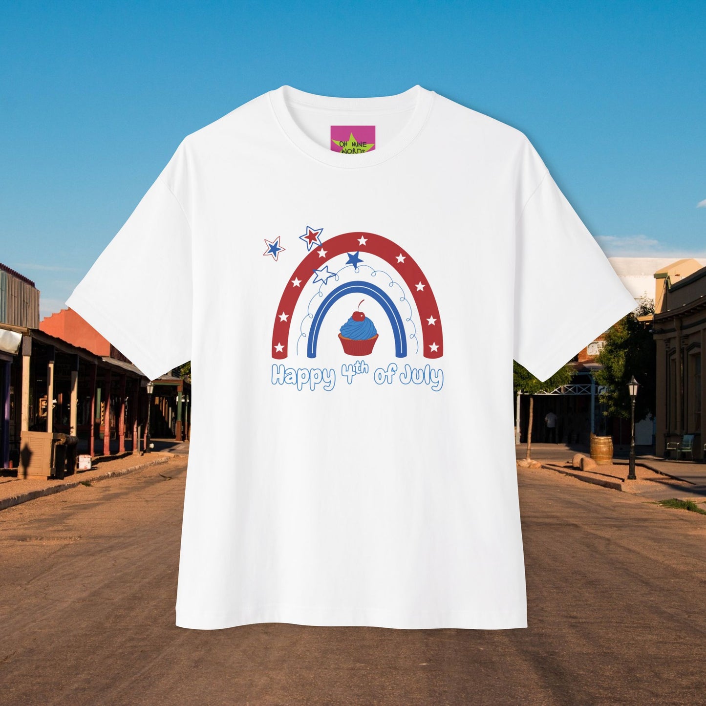 Unisex Oversized "Mini Cupcake of July" White T-shirt at Front View - Unique Fashion Tops, Design for 4th of July, Front and Back Print - Oh Mine Words.
