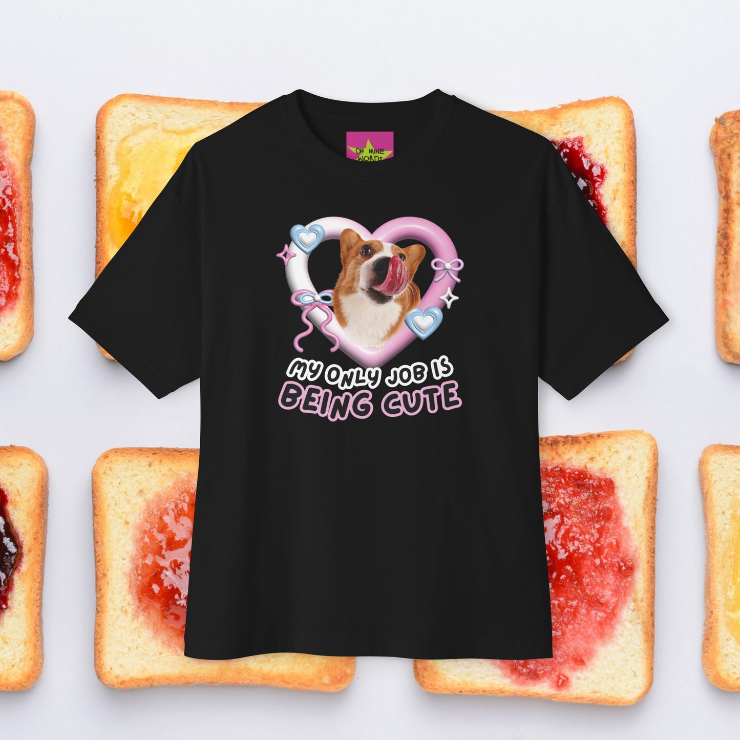 Unisex Oversized "My Only Job Is Being Cute (06-Style)" Black T-shirt - Licky Corgi in Y2k Heart Frame in Front view – Unique Fashion Tops - Front and Back Print - Oh Mine Words.