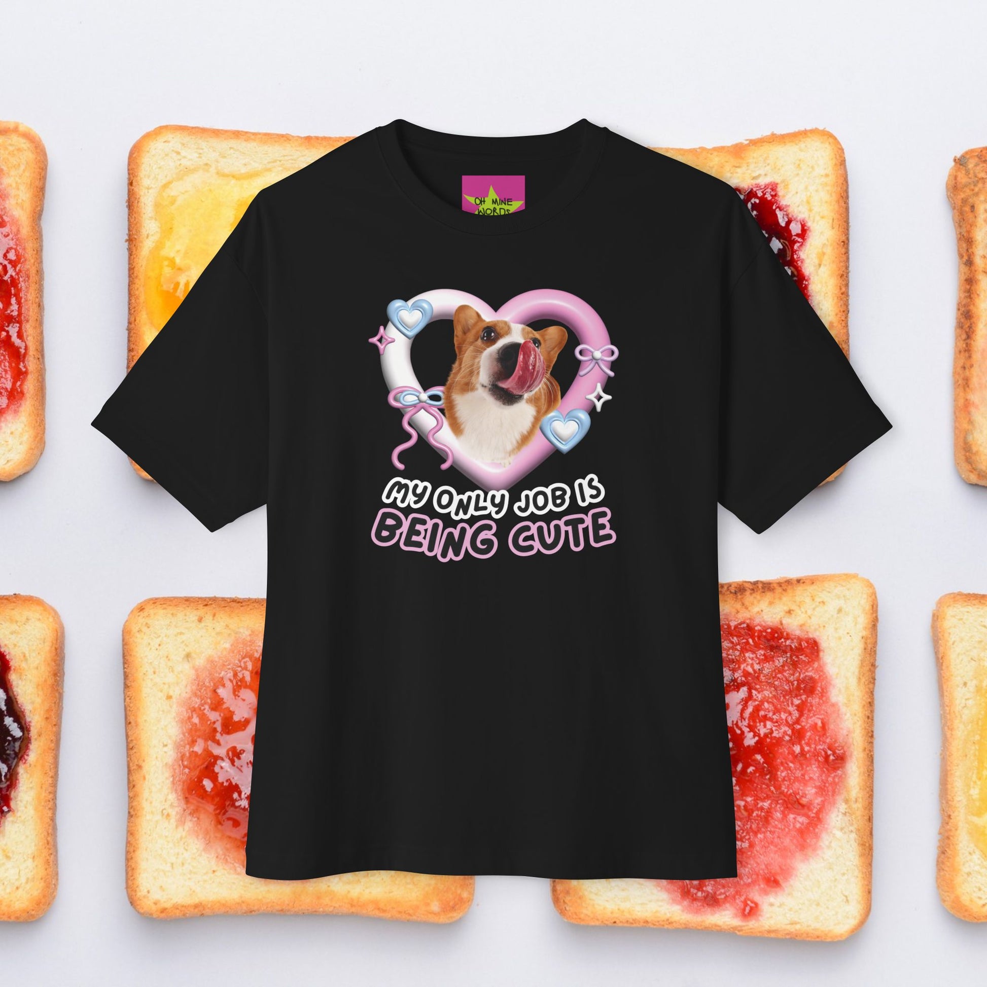 Unisex Oversized "My Only Job Is Being Cute (06-Style)" Black T-shirt - Licky Corgi in Y2k Heart Frame in Front view – Unique Fashion Tops - Front and Back Print - Oh Mine Words.