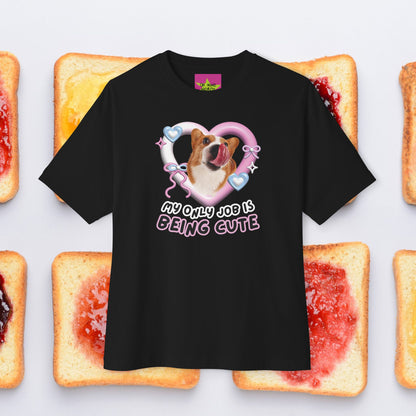 Unisex Oversized "My Only Job Is Being Cute (06-Style)" Black T-shirt - Licky Corgi in Y2k Heart Frame in Front view – Unique Fashion Tops - Front and Back Print - Oh Mine Words.