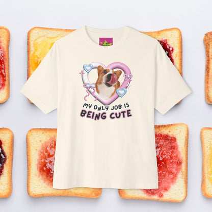 Unisex Oversized "My Only Job Is Being Cute (06-Style)" Natural color T-shirt - Licky Corgi in Y2k Heart Frame in Front view – Unique Fashion Tops - Front and Back Print - Oh Mine Words.