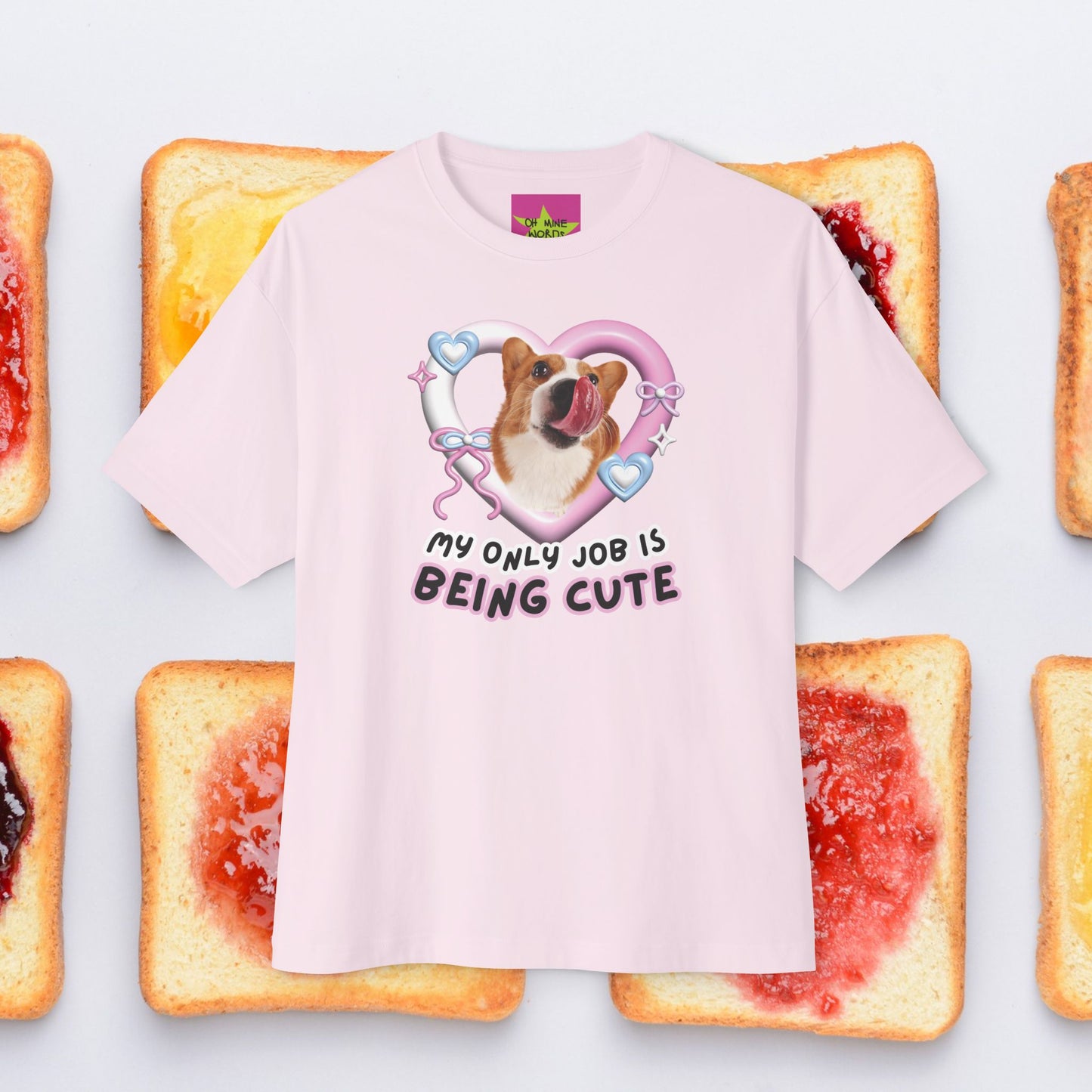 Unisex Oversized "My Only Job Is Being Cute (06-Style)" Soft Pink T-shirt - Licky Corgi in Y2k Heart Frame in Front view – Unique Fashion Tops - Front and Back Print - Oh Mine Words.
