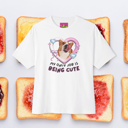 Unisex Oversized "My Only Job Is Being Cute (06-Style)" White T-shirt - Licky Corgi in Y2k Heart Frame in Front view – Unique Fashion Tops - Front and Back Print - Oh Mine Words.