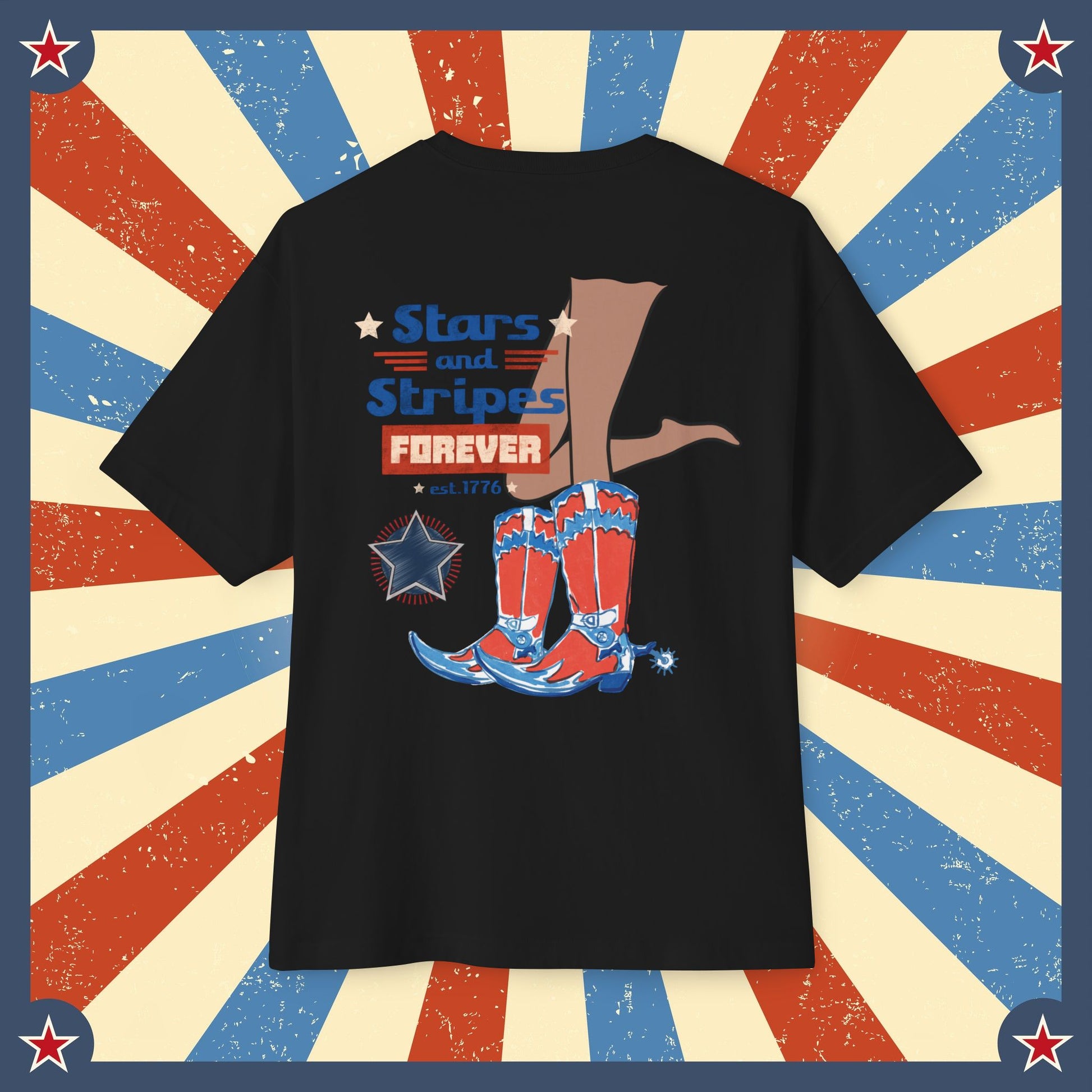 Unisex Oversized "Stars and Stripes Forever" Black T-shirt at Back View - Unique Fashion Tops, Design for 4th of July, Classic, Vintage and Old-School. Front and Back Print - Oh Mine Words.