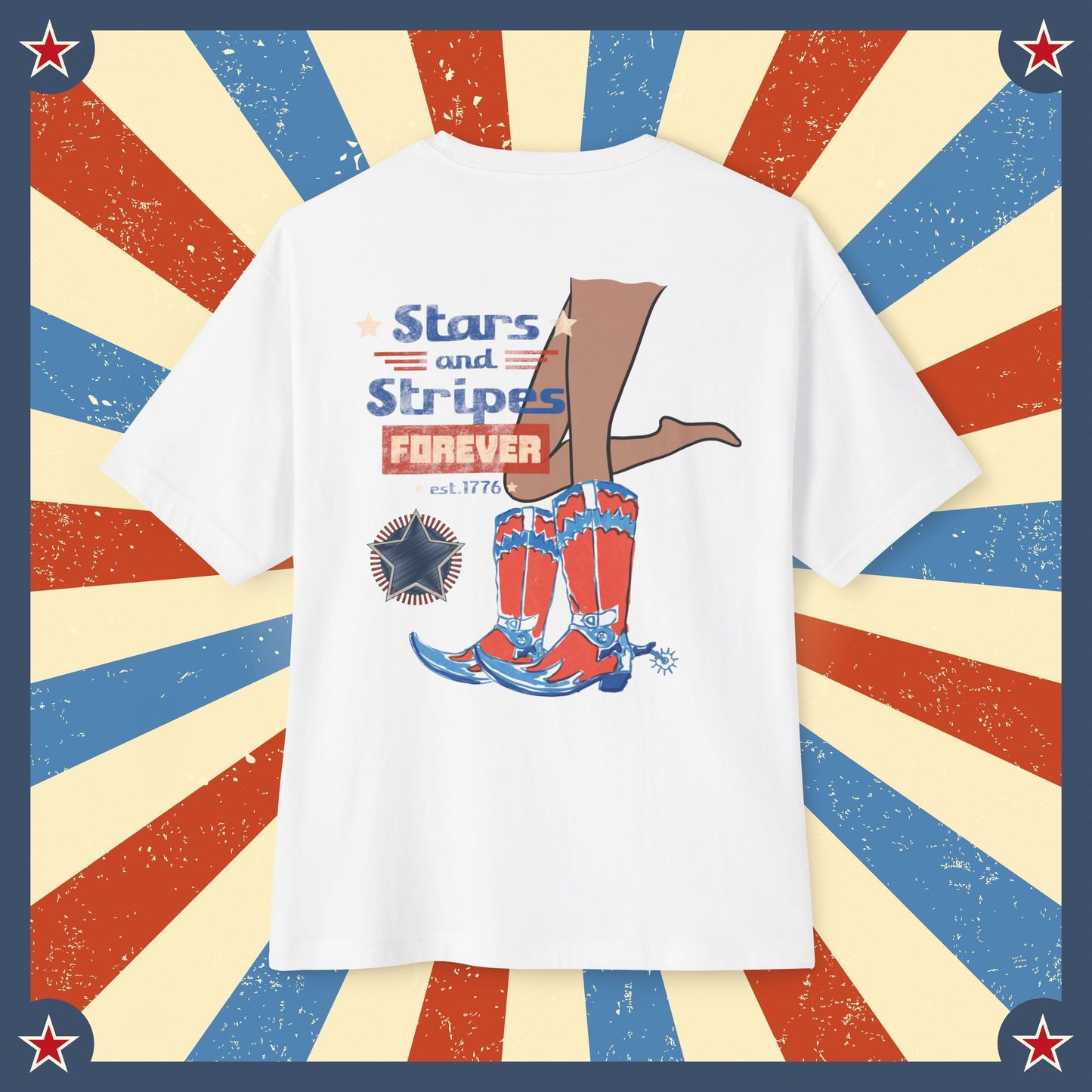 Unisex Oversized "Stars and Stripes Forever" White T-shirt at Back View - Unique Fashion Tops, Design for 4th of July, Classic, Vintage and Old-School. Front and Back Print - Oh Mine Words.