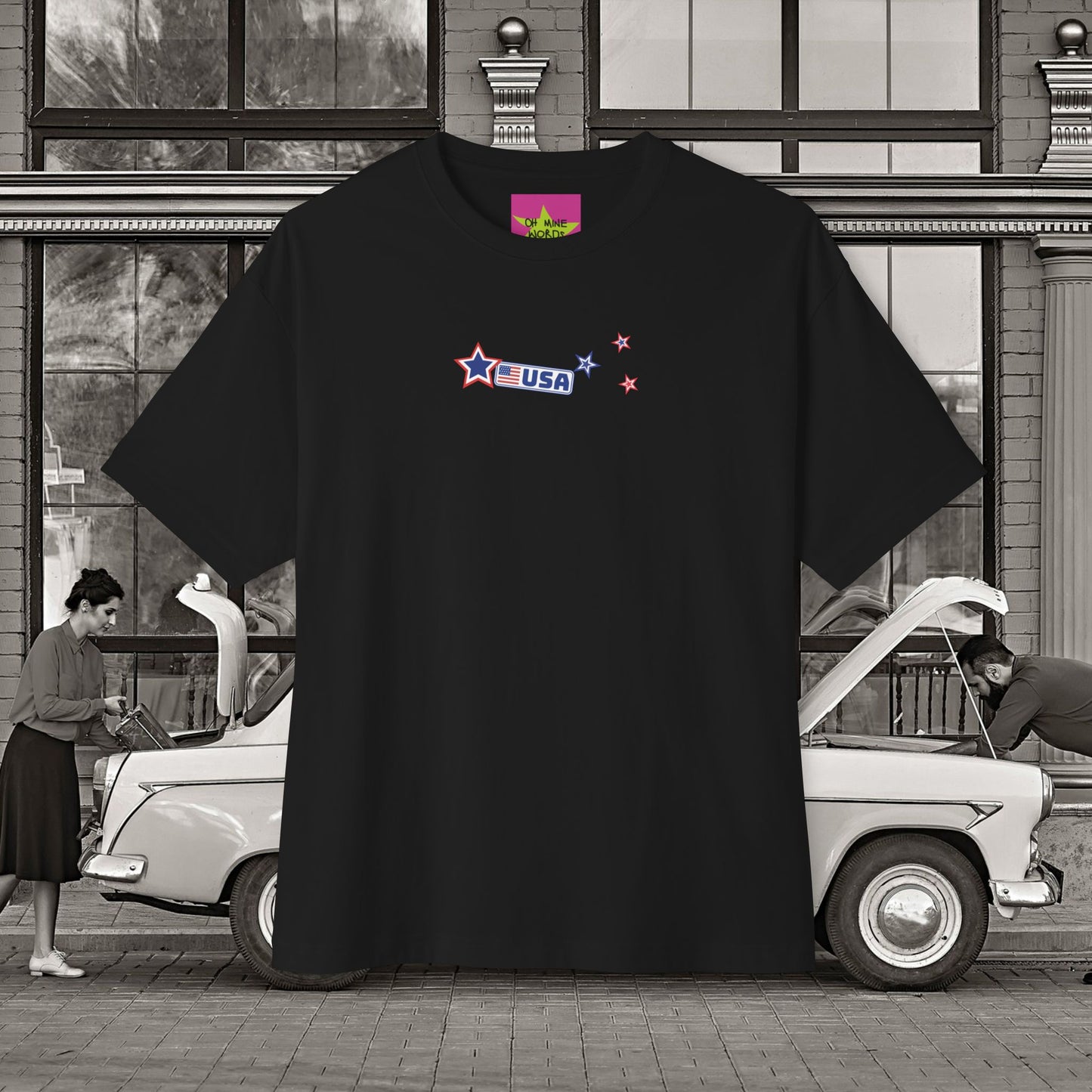Unisex Oversized "Stickies USA" Black T-shirt at front view - Unique Fashion Tops, Classic design, perfect for American and to wear in 4th of July. Front and Back Print - Oh Mine Words.