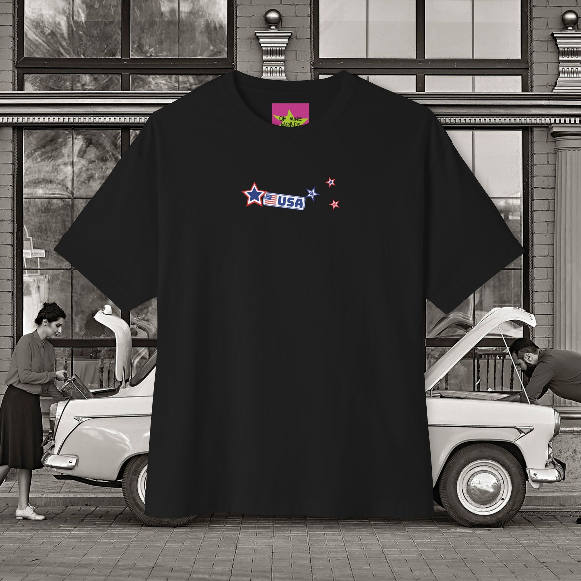 Unisex Oversized "Stickies USA" Black T-shirt at front view - Unique Fashion Tops, Classic design, perfect for American and to wear in 4th of July. Front and Back Print - Oh Mine Words.