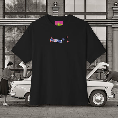 Unisex Oversized "Stickies USA" Black T-shirt at front view - Unique Fashion Tops, Classic design, perfect for American and to wear in 4th of July. Front and Back Print - Oh Mine Words.