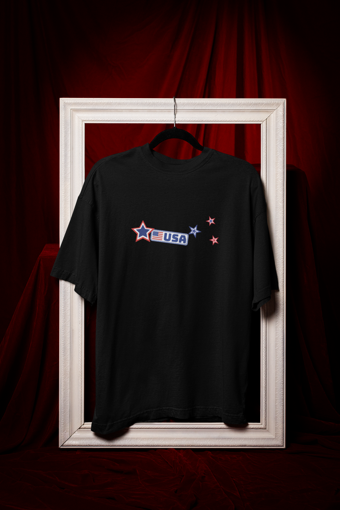 Unisex Oversized "Stickies USA" Black T-shirt at front view hanging on white frame shot - Unique Fashion Tops, Classic design, perfect for American and to wear in 4th of July. Front and Back Print - Oh Mine Words.