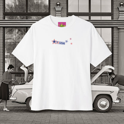 Unisex Oversized "Stickies USA" White T-shirt at front view - Unique Fashion Tops, Classic design, perfect for American and to wear in 4th of July. Front and Back Print - Oh Mine Words.
