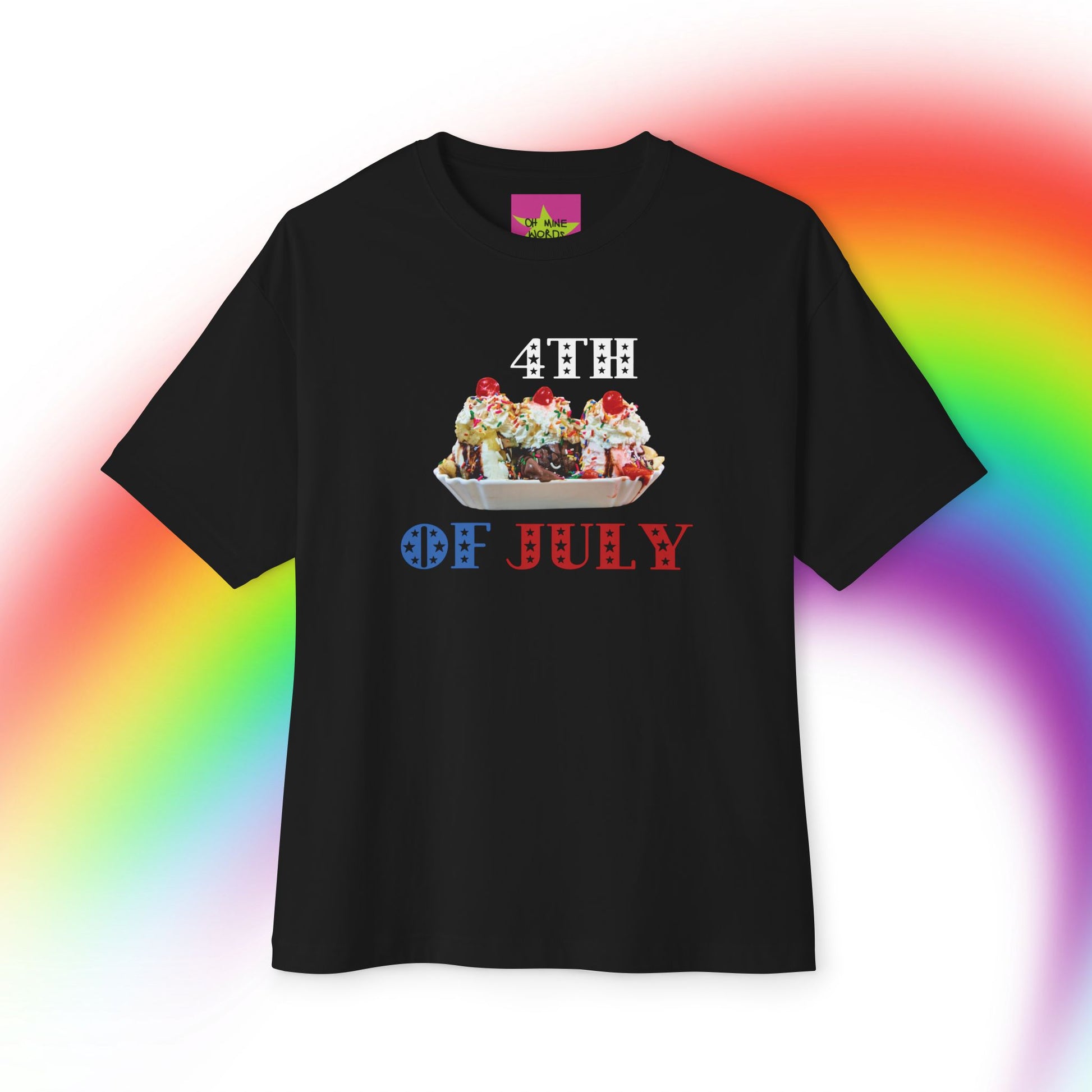 Unisex Oversized "Sundae of July" Black T-shirt at Front view - Unique Fashion Tops, 4th of July Graphic, Front and Back Print - Oh Mine Words.