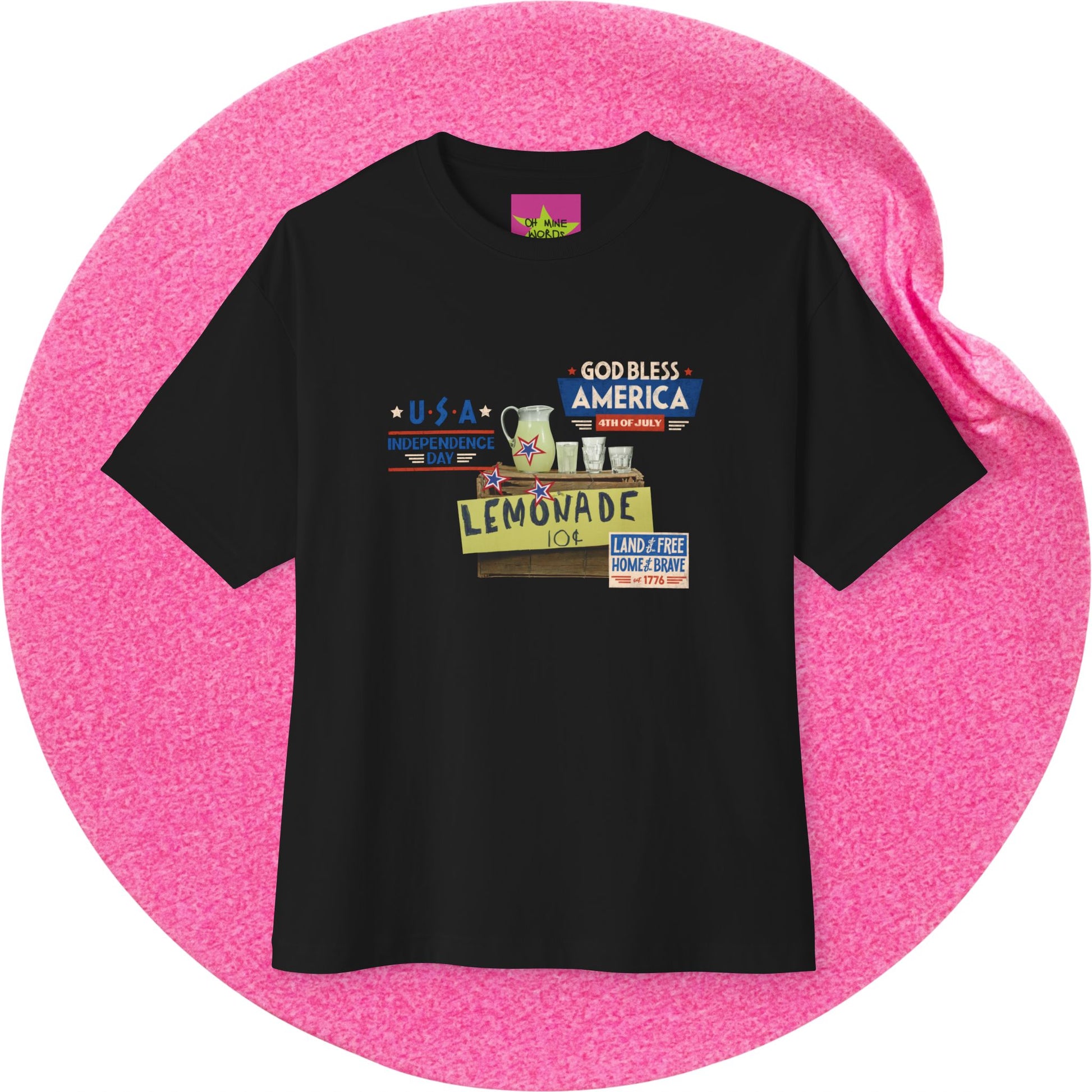 Unisex Oversized The Lemonade T-shirt for 4th of July at front view – Unique Fashion Tops – Cool, Comfortable, Standout Black Streetwear with Front and Back Print – Oh Mine Words