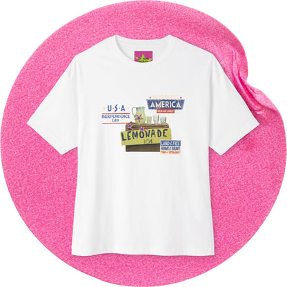 Unisex Oversized The Lemonade T-shirt for 4th of July at front view – Unique Fashion Tops – Cool, Comfortable, Standout White Streetwear with Front and Back Print – Oh Mine Words