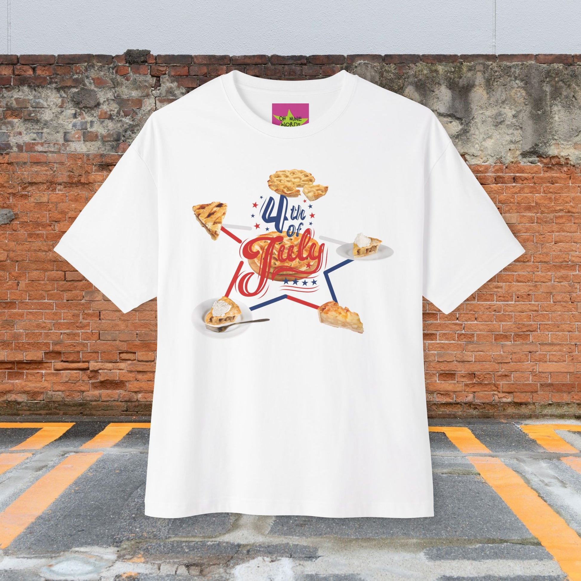 Unisex Oversized "The Star of Apple Pies" White T-shirt at front view- Unique Fashion Tops Design for 4th of July, Front and Back Print - Oh Mine Words.
