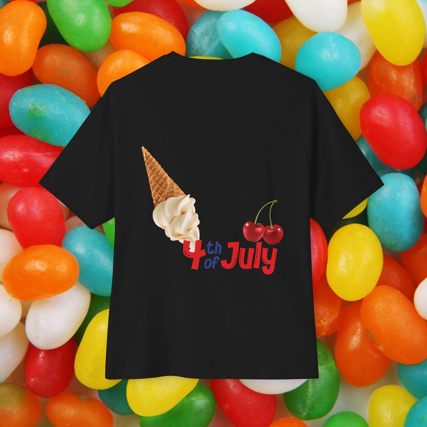 Unisex Oversized "Vanilla & Cherries" Black T-shirt at Back View - Unique Fashion Tops for 4th of July, Front and Back Print - Oh Mine Words.