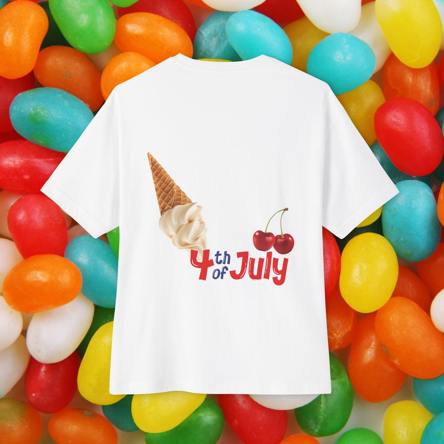 Unisex Oversized "Vanilla & Cherries" White T-shirt at Back View - Unique Fashion Tops for 4th of July, Front and Back Print - Oh Mine Words.