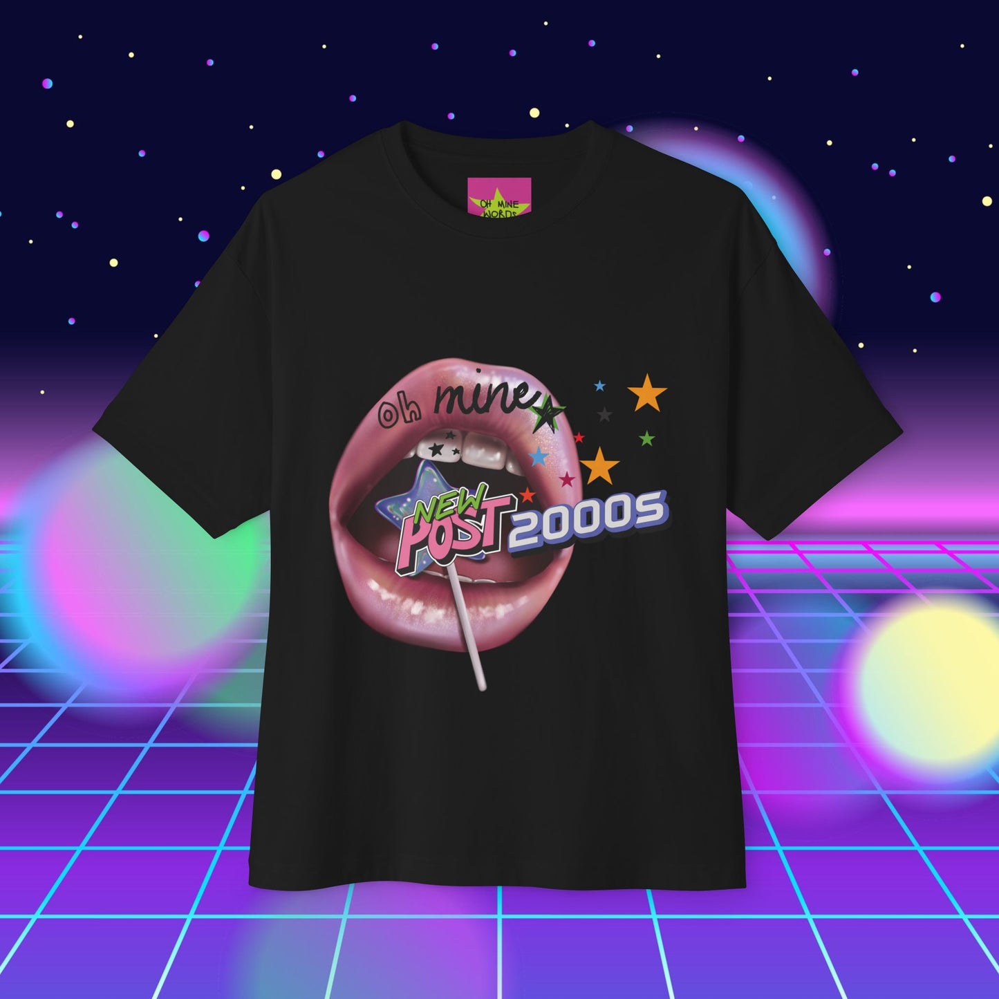 unisex oversized "2000s Lip" black t-shirt at front view - Unique Fashion Tops, Y2K, 90s, Old-School style - Front and Back Print - Oh Mine Words.