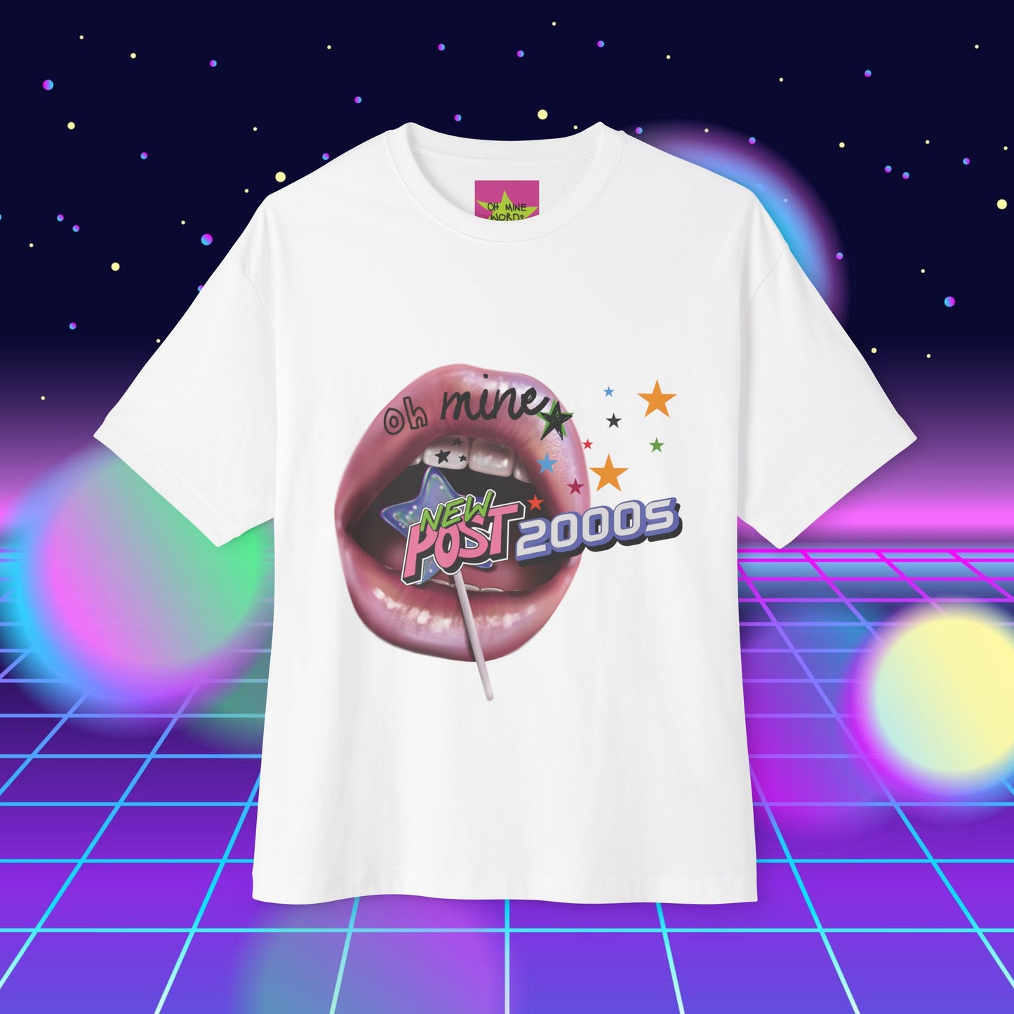 unisex oversized "2000s Lip" white t-shirt at front view - Unique Fashion Tops, Y2K, 90s, Old-School style - Front and Back Print - Oh Mine Words.