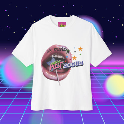 unisex oversized "2000s Lip" white t-shirt at front view - Unique Fashion Tops, Y2K, 90s, Old-School style - Front and Back Print - Oh Mine Words.