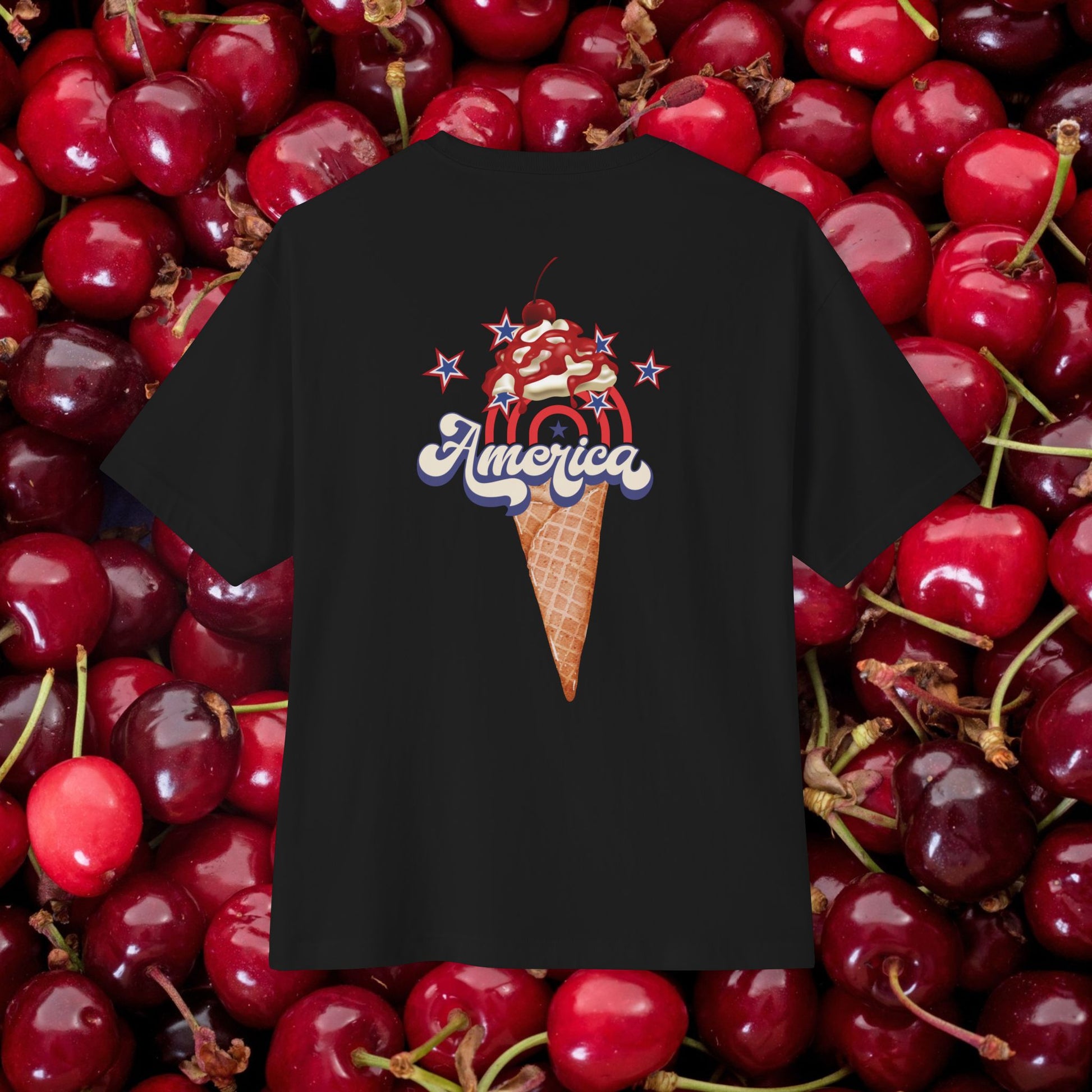 unisex oversized "America on a cone (Black)" t-shirt at back view - Unique Fashion Tops, 4th of July, Ice cream cone, whipped cream and star graphic, Front and Back Print - Oh Mine Words.