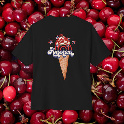 unisex oversized "America on a cone (Black)" t-shirt at back view - Unique Fashion Tops, 4th of July, Ice cream cone, whipped cream and star graphic, Front and Back Print - Oh Mine Words.