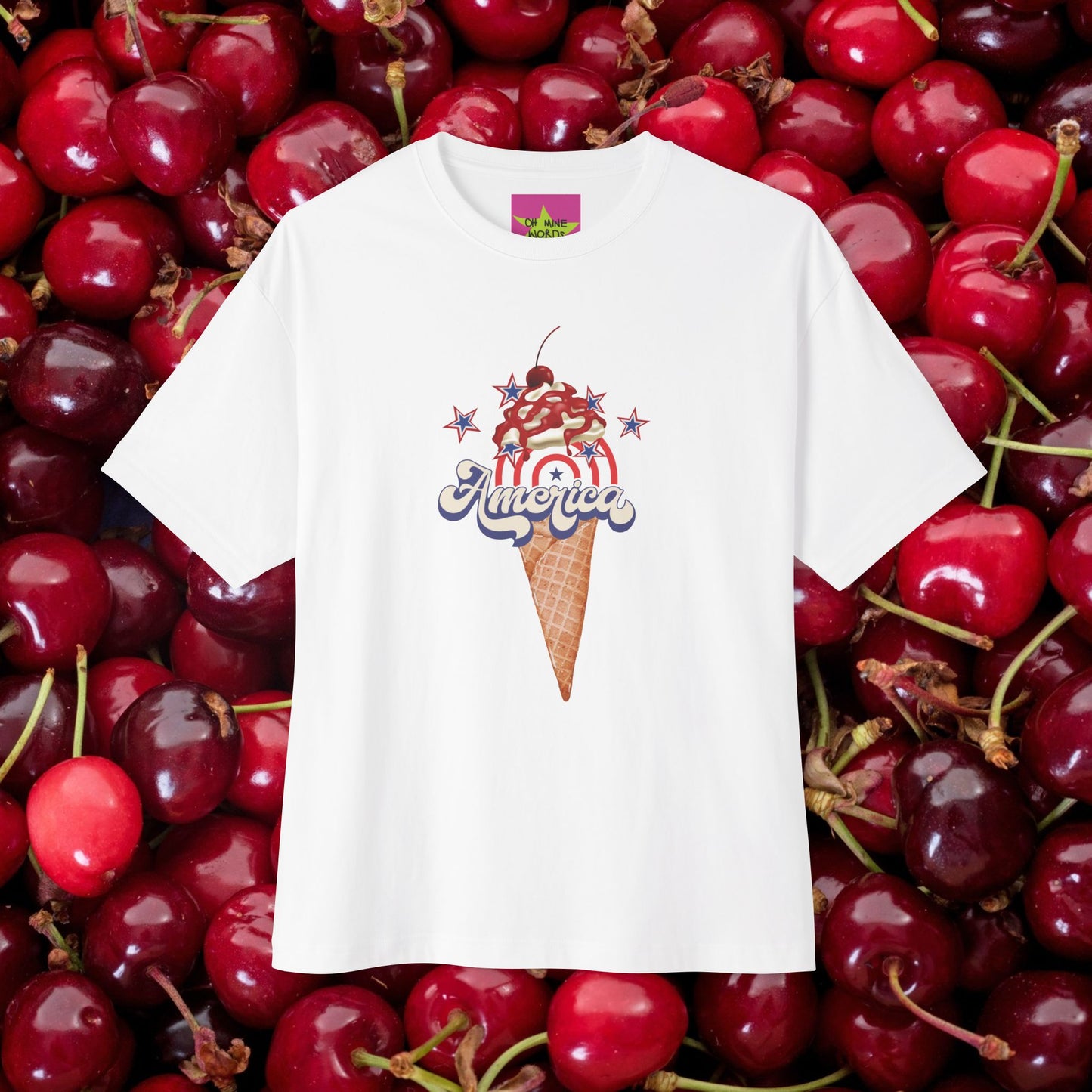 unisex oversized "America on a cone (White)" t-shirt at front view - Unique Fashion Tops, 4th of July, Ice cream cone, whipped cream and star graphic - Front and Back Print - Oh Mine Words.