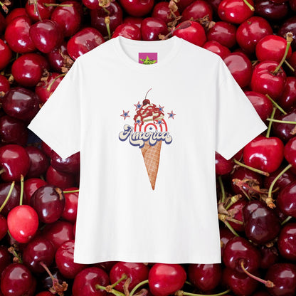 unisex oversized "America on a cone (White)" t-shirt at front view - Unique Fashion Tops, 4th of July, Ice cream cone, whipped cream and star graphic - Front and Back Print - Oh Mine Words.